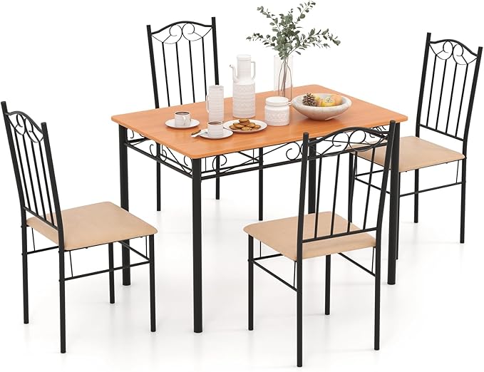 NAFORT 5-Piece Vintage Rectangular Table Set for 4, 4 Padded Chairs w/Metal Frame Wood Tabletop for Home Kitchen Dining Room Furniture Set for 4, Natural
