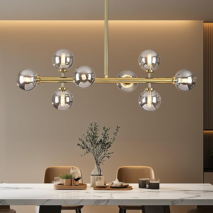 Modern Linear Chandeliers for Dining Room, 8-Light Globe Sputnik Pendant Ceiling Light, Brass Gold Dining Room Light Fixture Over Table, Mid Century Glass Smoke Grey Bubble, 31.5 Inch, GC-09