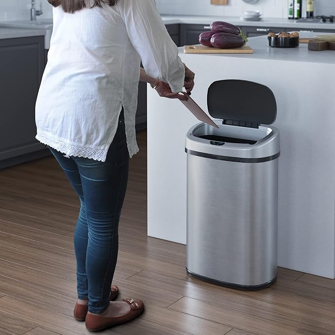 SensorCan 13 Gallon Oval Sensor Trash Can with AC Adapter and Odor Filter, Automatic Motion Sensor Kitchen Bin, Soft-Close Stainless Steel, Slim Curved Wastebasket for Narrow Walkways, Matte Silver