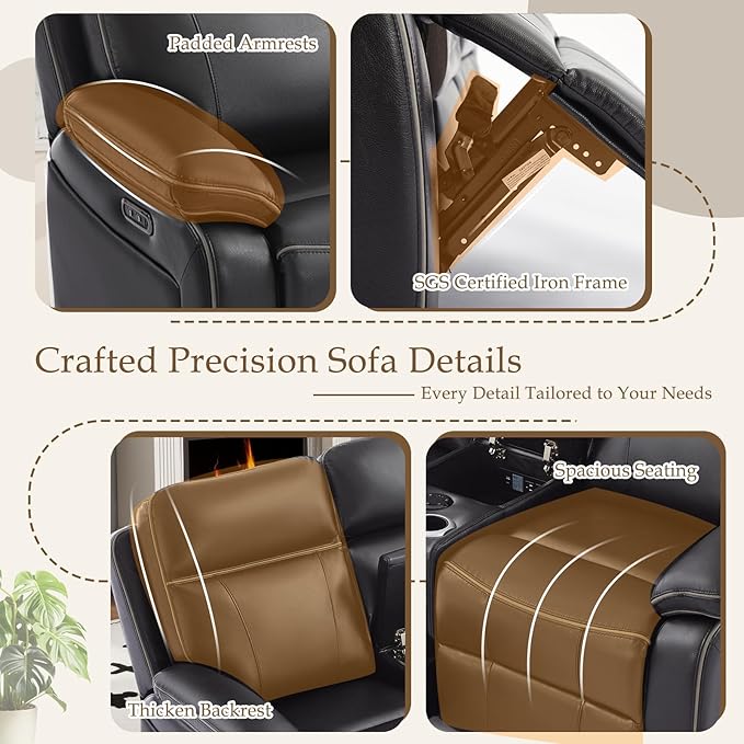 Power Reclining Loveseat with LED Reading Light/Bluetooth Speakers/Storage Drawer, Power Loveseat Recliner Sofa Wall Hugger Reclining Loveseat for Living Room(Black, 2 Seat with Console) | Outlets, USB & Type-C Ports