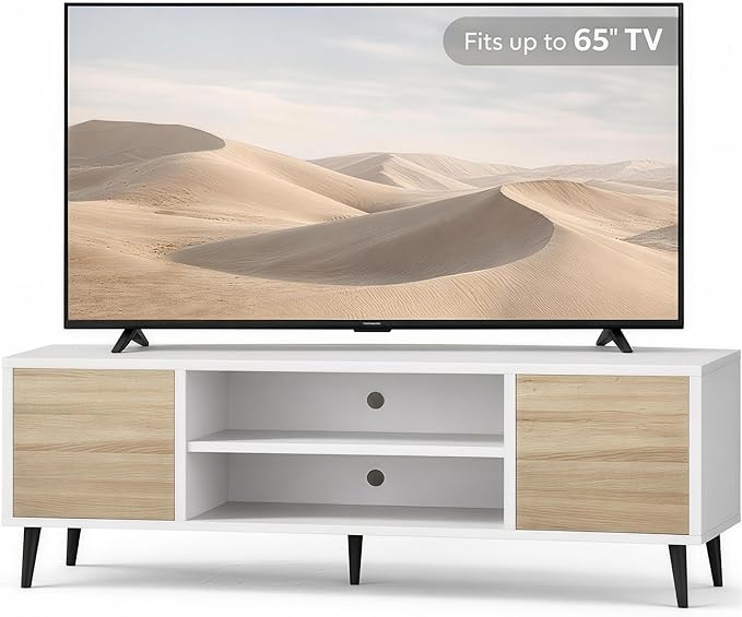 YESHOMY Modern TV Stand for 65" Television, Entertainment Center with Two Storage Cabinets and Open Shelves, Retro Style Media Console for Living Room, Bedroom, Office, 58 Inch, Light Beige