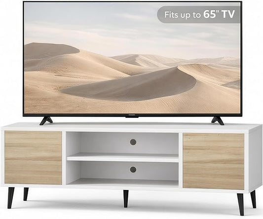 YESHOMY Modern TV Stand for 65" Television, Entertainment Center with Two Storage Cabinets and Open Shelves, Retro Style Media Console for Living Room, Bedroom, Office, 58 Inch, Light Beige