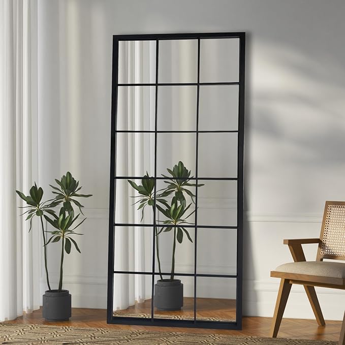 Balck Full Length Mirror,Window Pane Grid Minimalism Long Floor Wall Mounted Mirrors for Entryway,Hallway,Living Room,Fireplace 22"X53"