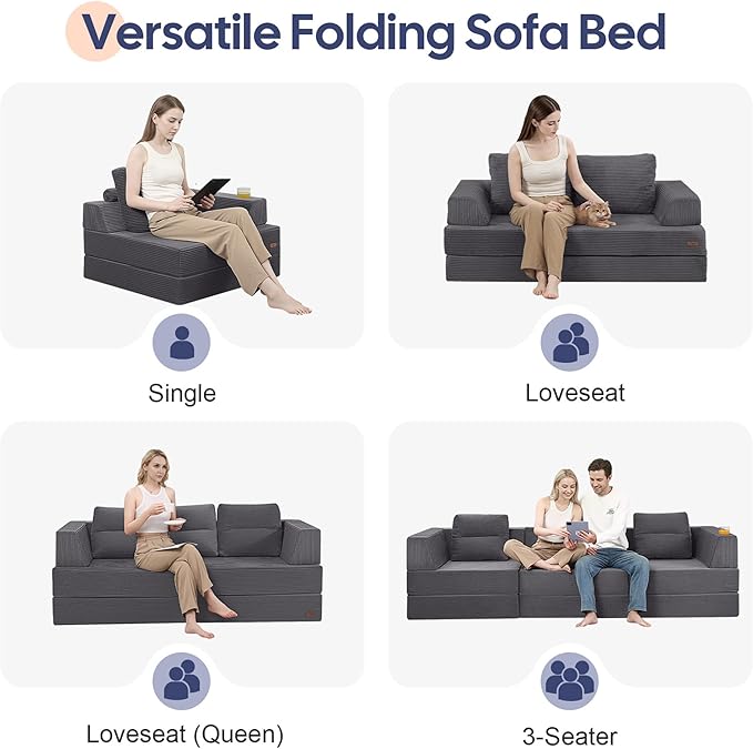 COMAX Folding Sofa Bed, Foldable Couch for Bedroom, Corduroy Convertible Floor Sleeper Futon Chair Foam, 3 in 1 Fold Out Chair Portable Comfy Lounge Couch Single Sofa Bed for Small Space Guest Room
