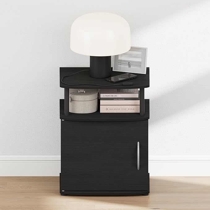 Furinno Jaya Night Stand with Door, Nightstand with Open Shelf and Door Cabinet, Round Corner Bedside Table, Side Table, End Table, for Bedroom, Closet, Dorm, Black