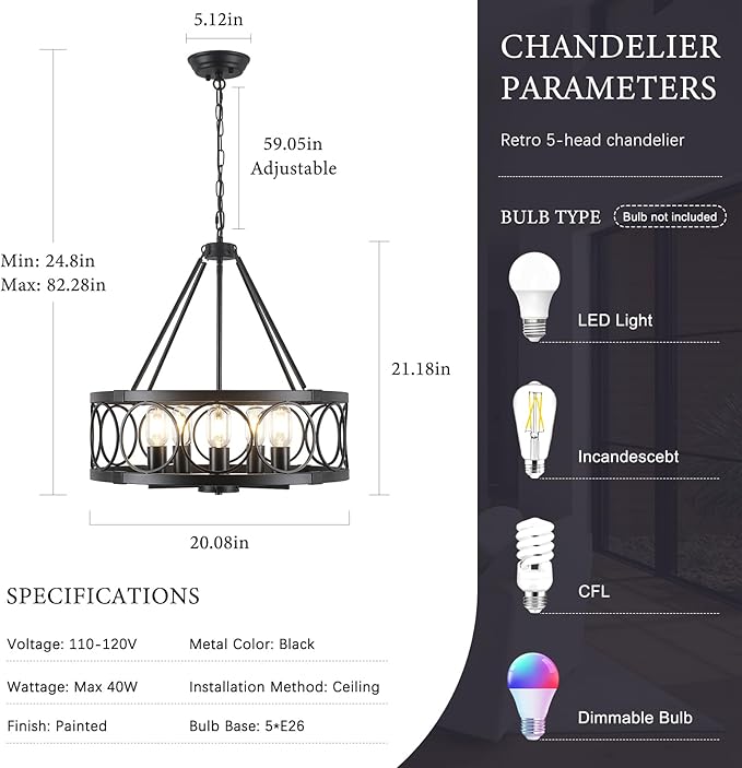 5-Light Farmhouse Chandelier for Dining Room Light Fixture,Modern Rustic Round Black Chandelier Over Table with Hanging Kitchen Drum Light Fixtures for Living Room Bedroom Entryway Foyer