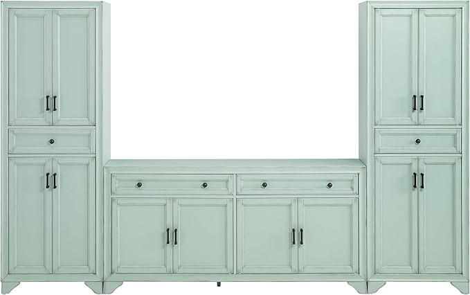 Crosley Furniture Tara 3-Piece Modern Farmhouse Sideboard Buffet Cabinet and Kitchen Storage Pantry Set, Distressed Seafoam Blue