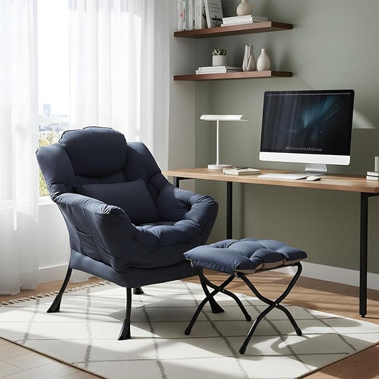 Lazy Chair with Ottoman, Modern Lounge Chair with Lumbar Pillow, Accent Cozy Reading Armchair and Folding Footstool for Bedroom, Dorm, Living Room,Navy