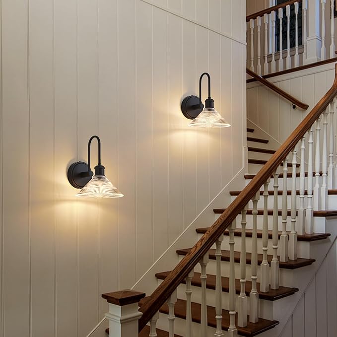 Wall Sconce Set of 2, Black Vintage Light Fixtures with Round Clear Glass Lampshade, Hardwired Sconces Wall Lighting for Bedroom, Bathroom, Living Room | Includes 2 LED Bulbs