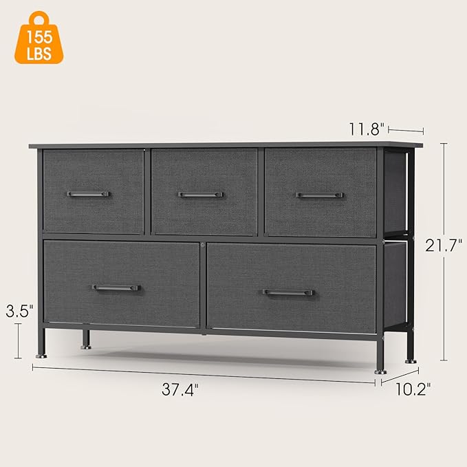 FDW 5 Fabric Drawers Dresser for Bedroom,Chest Organizer Units with Steel Frame and Wooden Top for Bedroom,Closet,Living Room, Entryway,Grey