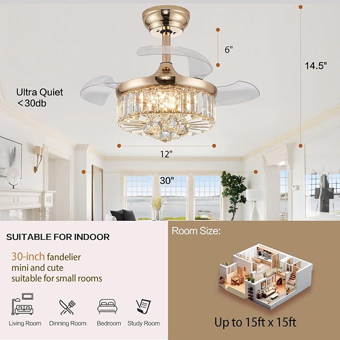 DuMaiWay 30" Golden Chandelier Ceiling Fan with Light Crystal Modern Fandelier Reversible Ceiling Fan Dimmable Retractable Timer for Dining Living Room Bedroom