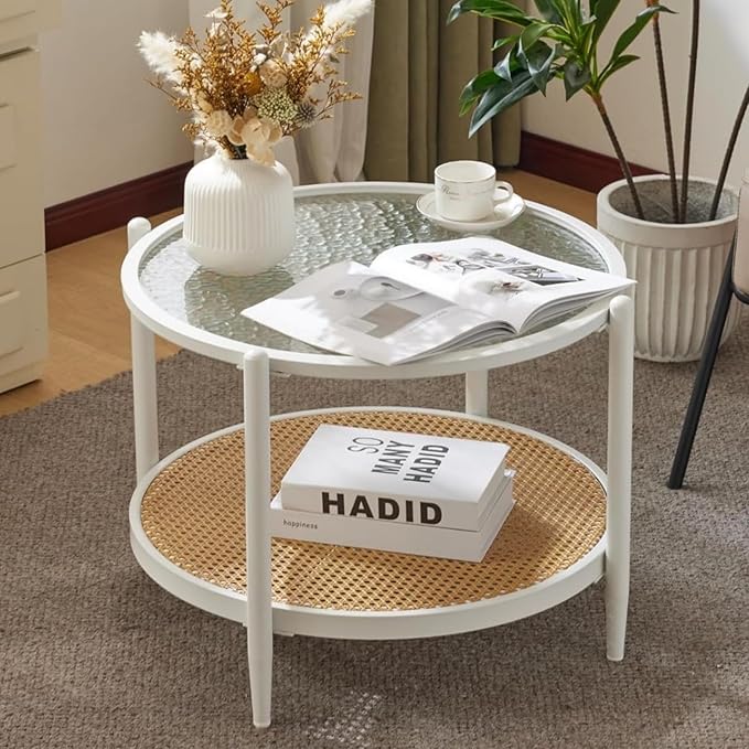 VINGLI 25.6" Coffee Table for Living Room, Round Water-Wave Glass Metal Center Table, Modern Rattan Coffee Table with 2-Tier Storage, Farmhouse Circular End Table for Small Space, White