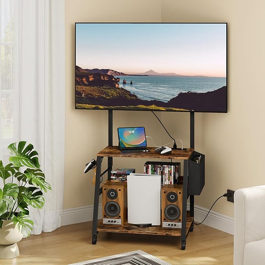Mobile TV Stand with Charging Station, Adjustable Mount and Wheels, Rolling TV Console Table, Entertainment Center, for up to 75 inch TVs, 3-Tier Storage Shelf, Rustic Brown and Black TDS03UBF