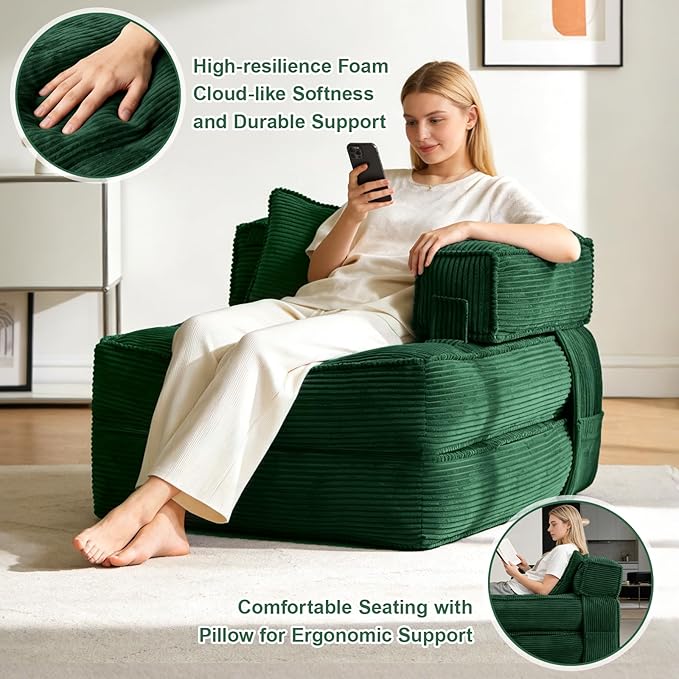 Folding Sofa Bed Chair with Armrests, Convertible Futon Couch Sleeper Chair for Adults, Fold Out Boneless Chair Bed, Foldable Sofa Lounge for Small Spaces, with Pillow, Green