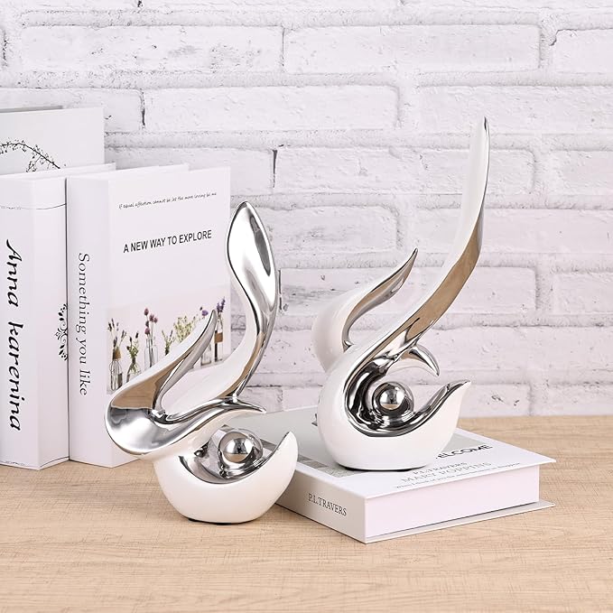 2PCS Abstract Ceramic Sculptures for Modern Decor, Sculptures Home Decor Accent,Abstract Art Figurines for Living Room Decorative Objects,Tabletop Centerpiece for Entryway,Shelf,TV Stand(White Silver)