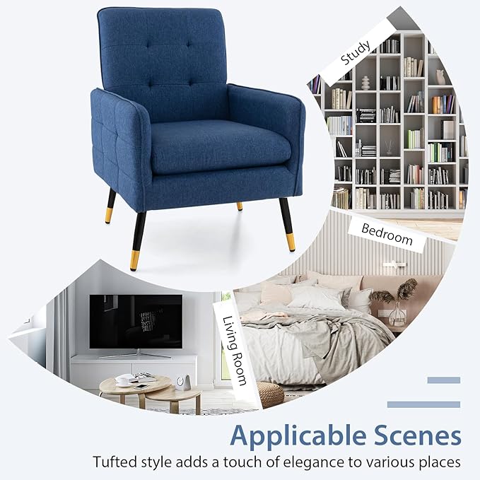 Giantex Modern Mid-Century Accent Chair - Upholstered Armchair with Tufted Back, Metal Legs, Adjustable Foot Pads, Linen Fabric Single Sofa Chair for Reading, Living Room Chair for Bedroom, Blue