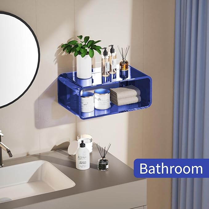 Acrylic Floating Nightstand, Bedside Table, Nightstand Shelf Wall Mounted Bedside Shelf (Dark Blue, Small)