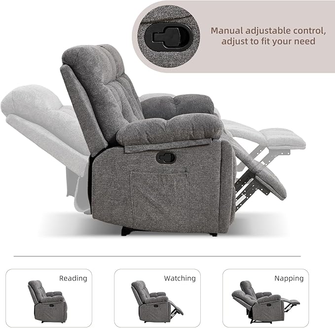 CANMOV 3 Seat Manual Recliner Sofa, Modern Reclining Sofa with Overstuffed Armrest, Hidden Cup Holders, for Living Room, Grey