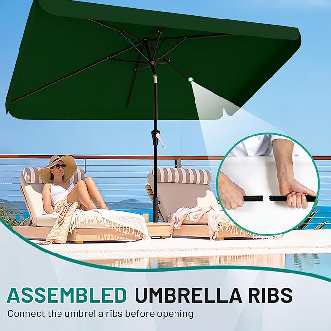 AreShark 6.5 x 10 FT Rectangular Valance Patio Umbrella, Outdoor Umbrella with Tilt and Crank, Market Table Umbrellas W/ 6 Ribs UV Protection for Garden, Deck, Backyard and Pool, Dark Green