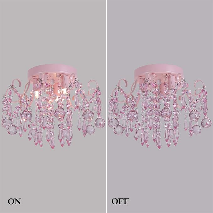 Q&S Mini Chandelier Crystal,Semi Flush Mount Pink Girl Chandelier, Small Crystal Ceiling Light Fixture Bedroom Bathroom Closet Nursery 3 Lights