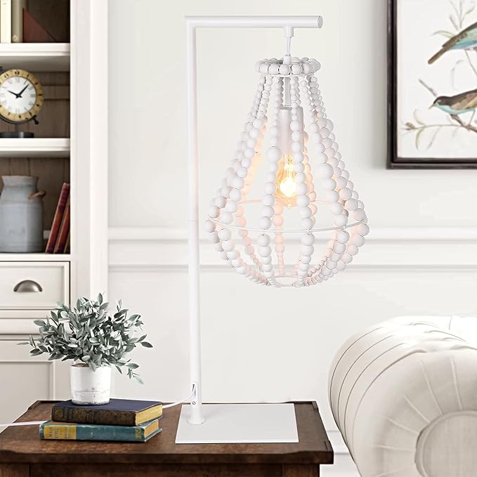 Boho Table Lamp for Bedroom, Wood Beaded Bedside Lamp, 1-Light, Farmhouse Desk Lamp, White Standing Lamp, Plug in Night Light for Night Table, Living Room