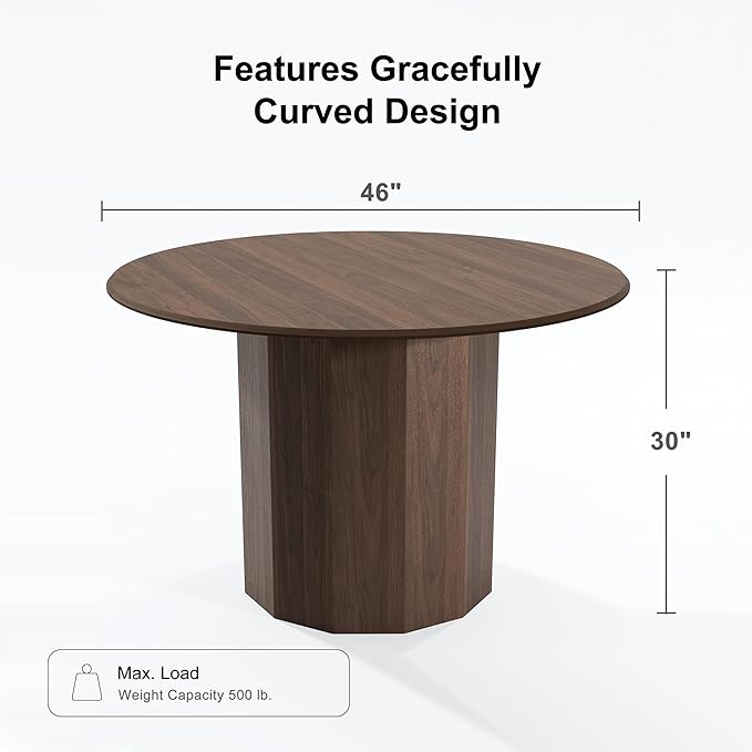 Casaphoria 46" Round Dining Table, Modern Wood Kitchen Table with Cylinder Polygonal Base for Living Room & Dining Room, Easy Assembly Farmhouse Furniture for 4-6, Walnut
