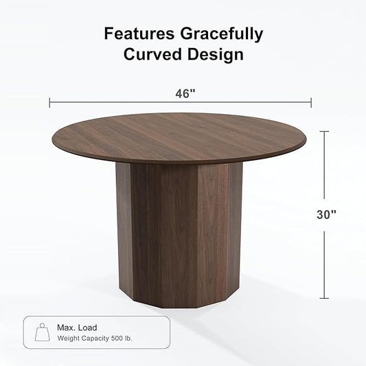 Casaphoria 46" Round Dining Table, Modern Wood Kitchen Table with Cylinder Polygonal Base for Living Room & Dining Room, Easy Assembly Farmhouse Furniture for 4-6, Walnut