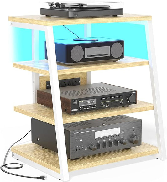 AV Media Stand with Outlets, Media Console with LED Lights, Stereo Racks and Stands with Storage Shelves, Media Audio Tower Cabinet, Natural Oak and White