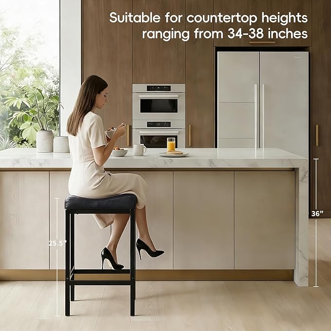 Counter Height Bar Stools, 25.5 Inch Bar Stools for Kitchen Counter, Faux Leather Bar Stool, Saddle Barstool with Footrest, Easy Assembly, Black (Matte Black, 25.5 Inch - 1pcs)