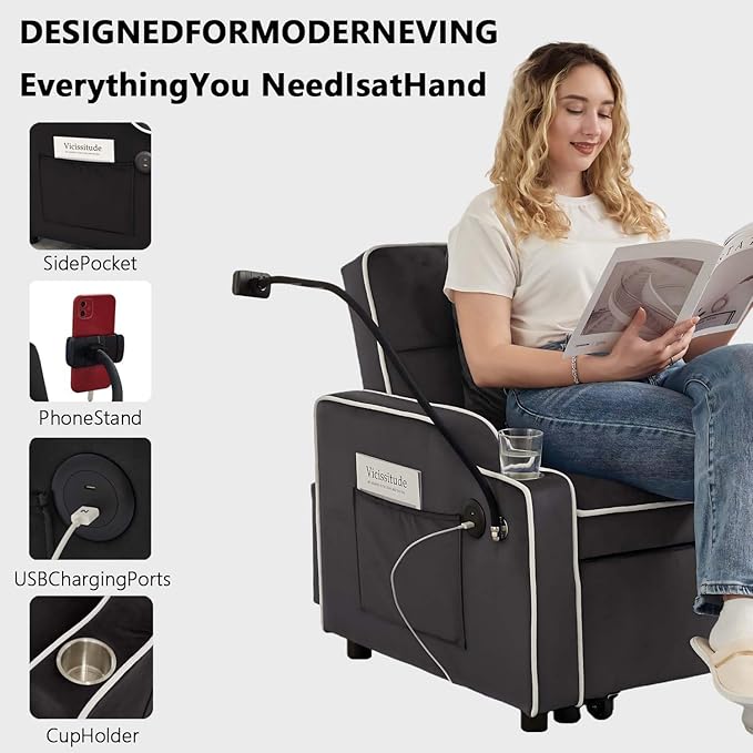 Convertible Sofa Bed, 3 in 1 Futon Sofa Bed with USB Charging Ports, Cup Holder, Phone Stand & Pocket, Modern Upholstered Sleeper Sofa for Living Room, Apartment or Small Space (Grey)