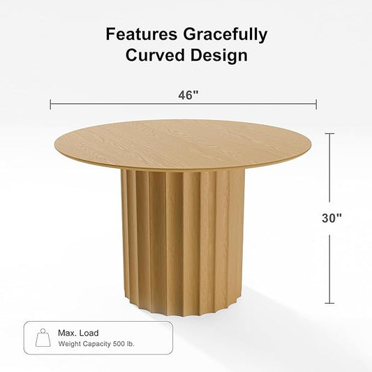 Casaphoria 46" Round Dining Table, Modern Wood Kitchen Table with Cylindrical Wide Bar Concave Base for Living Room & Dining Room, Easy Assembly Farmhouse Furniture for 4-6, Oak