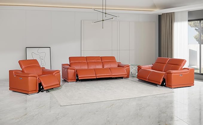 BlackJack Furniture Venice Top Grain Italian Leather 6 Power Recliner Seaters 3 Piece Sofa Set with Adjustable Headrests Modern Luxury Seating Sofa, Loveseat and Chair for Living Room Lounge, Camel