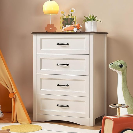 Gizoon Dresser for Bedroom with 4 Drawers Wooden Chest of Drawers for Closet Dresser Storage Unit Organizer for Hallway Living Room and Office, White and Rustic
