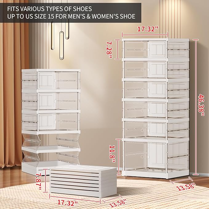 6-Tier Foldable Shoe Rack for Closet Entryway 6-12Pairs,Stackable Clear Shoe Storage Boxes Organizer with Door Plastic Small Shoe Cabinet Bins with Lids Shoes Shelf Easy Assembly White
