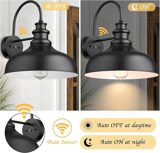 Bestshared Dusk to Dawn Sensor Farmhouse Barn Light, Outdoor Wall Sconce, Outdoor Wall Lantern for Porch, Exterior Light Fixtures Porch Lights (Black+White, 4 Pack)