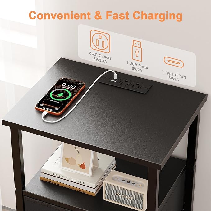 Nightstand with Charging Station, Bedside End Table with 2 Fabric Drawers for Bedroom, Side Table with USB Ports and Outlets (Black)
