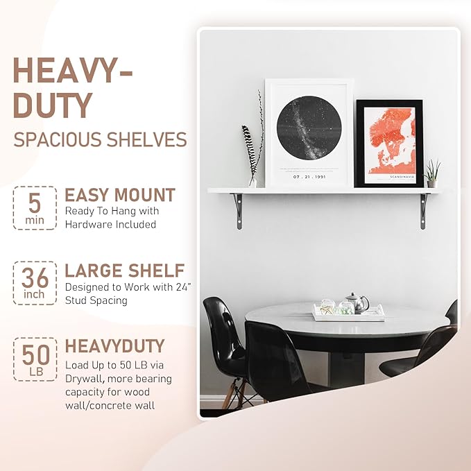 Kaboon 36 inch Long 10 inch Deep Floating Shelves for Wall Set of 2, Large Open Shelves Wall Mounted, Space Saving Home and Commercial Use, White Rock