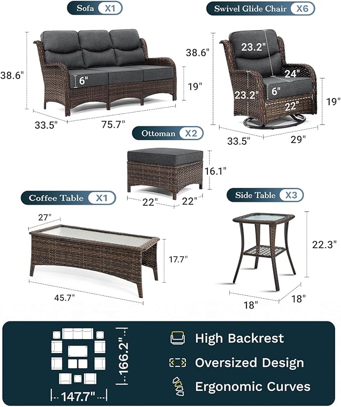 High Back Outdoor Furniture with Extra Thick Cushion Patio Swivel Rocking Chairs, Comfort 3-Seat Sofa, 13PCS Oversized Wicker Conversation Set for Porch, Deck, Yard in Dark Gray