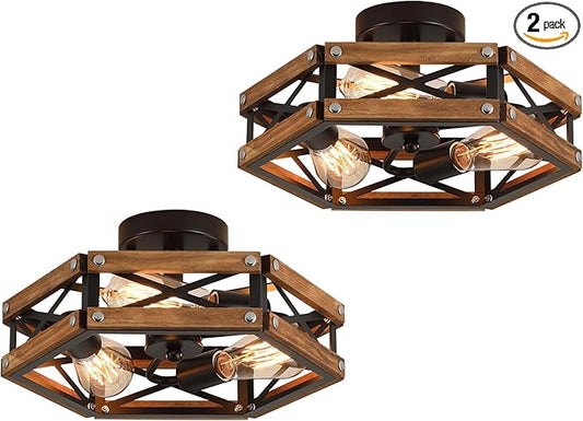 2 Pack 3-Light Rustic Farmhouse Wood Flush Mount Ceiling Light Fixture Oak Wood and Metal Cage Semi Flush Mount Ceiling Light for Hallway Hall Entry Bedroom Kitchen Farmhouse, Black