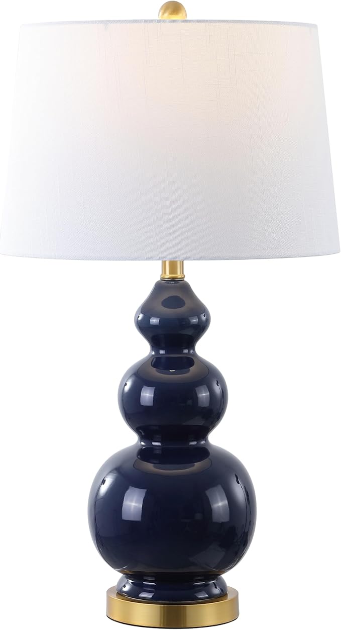 JONATHAN Y 27.5" Navy/Brass Gold Modern Ceramic Gourd Table Lamp for Living Room, Large Bedside Nightstand Lamp for Bedroom, White Linen Drum Shade, LED Bulb Included (JYL4023B)