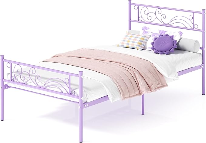 Weehom Twin Bed Frames with Headboard, Metal Platform Bed Heavy Duty Steel Slat Under Bed Storage for Kids Purple