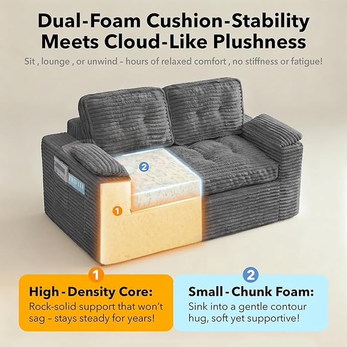 Loveseat Sofa, Boneless Cloud Couch for Living Room 2 Seater Modern Lounge Sleeper Couch with Removable Cover Corduroy Sofa with Armrest, Seat Cushion & Pillows for Small Spaces, Dark Grey