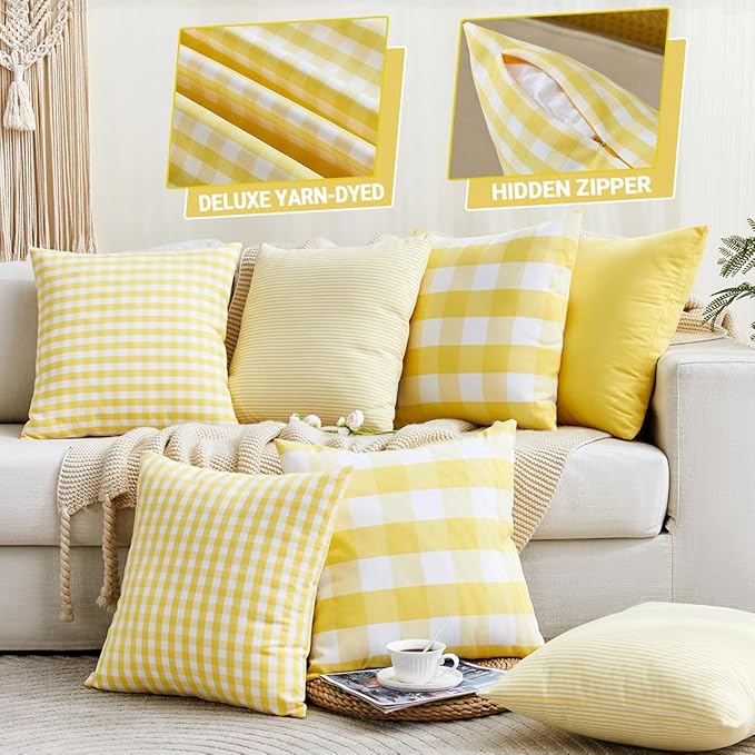 Yellow Striped Summer Outdoor Throw Pillow Covers 18x18 Set of 2, 18 x 18 Yellow and White Outdoor Throw Pillows, Modern Farmhouse Boho Decor Pillow Covers for Porch Patio (No Pillow Inserts)
