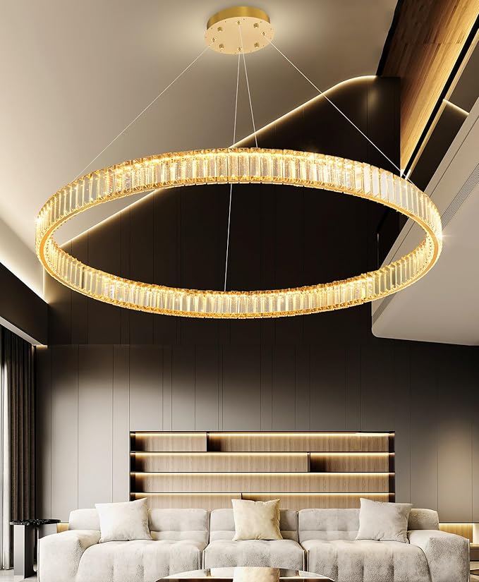 40'' Modern Ring Chandelier Crystal Chandeliers for Dining Room Round LED Dimmable Ceiling Light Fixture for Living Room Bedroom Lighting Gold