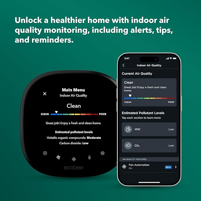 ecobee Smart Thermostat Premium with Smart Sensor and Air Quality Monitor - Programmable Wifi Thermostat - Works with Siri, Alexa, Google Assistant, Black