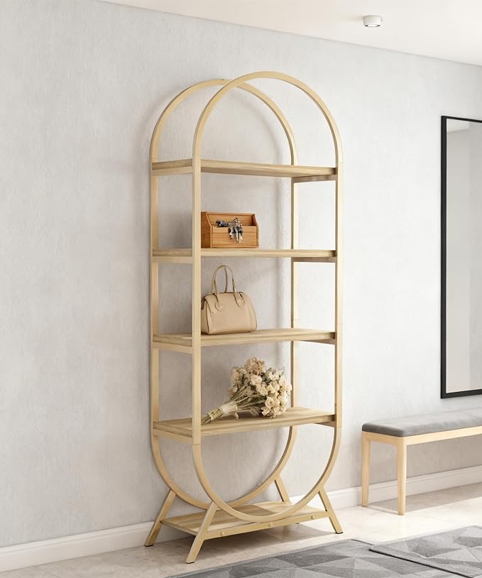 Arched Bookshelf,5-Tier Tall Wide Open Bookshelf,Modern Brown Storage Bookshelves, Freestanding Display Rack Shelving Unit for Office, Bedroom, Living Room, Easy Assembly, Brown