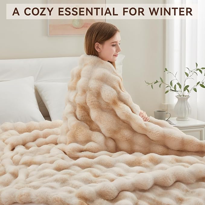 Faux Fur Throw Blanket, 1000GSM Fluffy Soft Bubble Blanket for Couch Bed, Cozy Plush Warm and Thick Blanket, Fuzzy Rabbit Throw for Living Room Bedroom 90''*104'' Tie-dye Camel