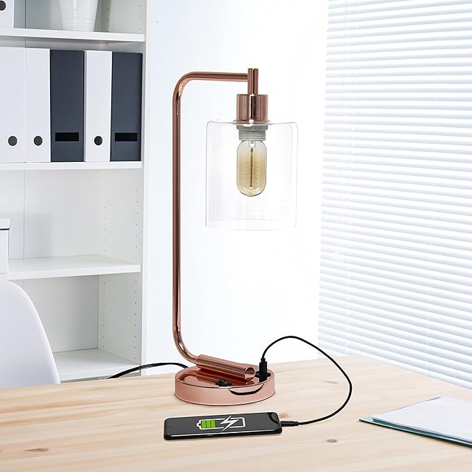 Simple Designs LD1066-RGD-LB Industrial Vintage Bronson Iron Lantern Desk Table Lamp with USB Port and Glass Cylinder Shade for Office, Living Room, Bedroom, Rose Gold, with Feit LED Bulb Included