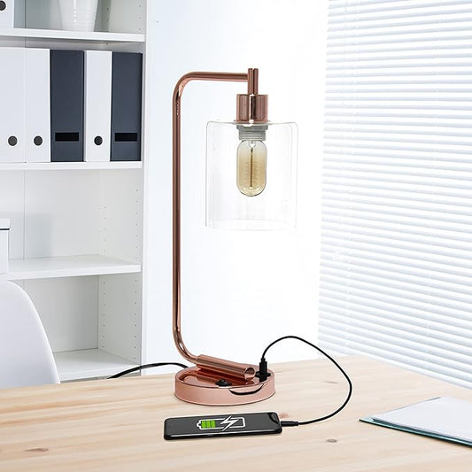 Simple Designs LD1066-RGD-LB Industrial Vintage Bronson Iron Lantern Desk Table Lamp with USB Port and Glass Cylinder Shade for Office, Living Room, Bedroom, Rose Gold, with Feit LED Bulb Included