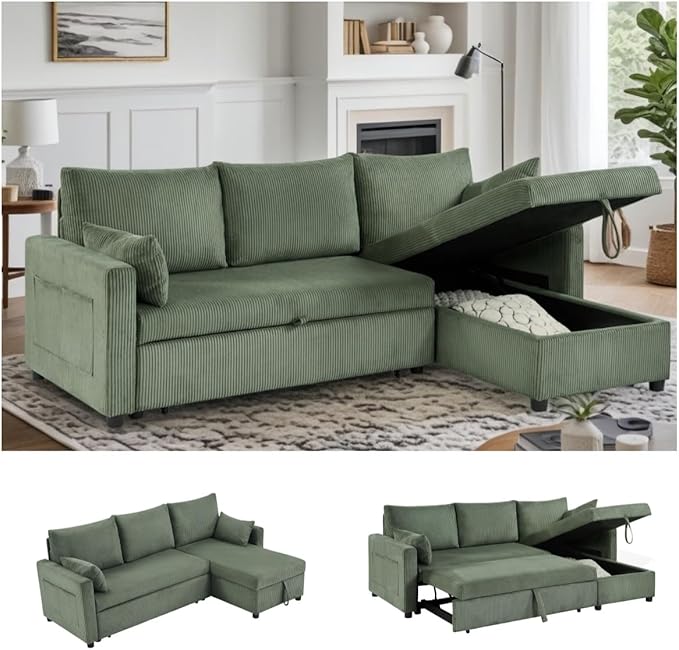 Sectional Sleeper Sofa with Pull Out Bed, LShape Convertible Sofa Bed Couch with Storage Chaise, 3 in 1 Pull Out Sofa Bed with 3 Seats, for Living Room,Apartment, Green, 85Inch